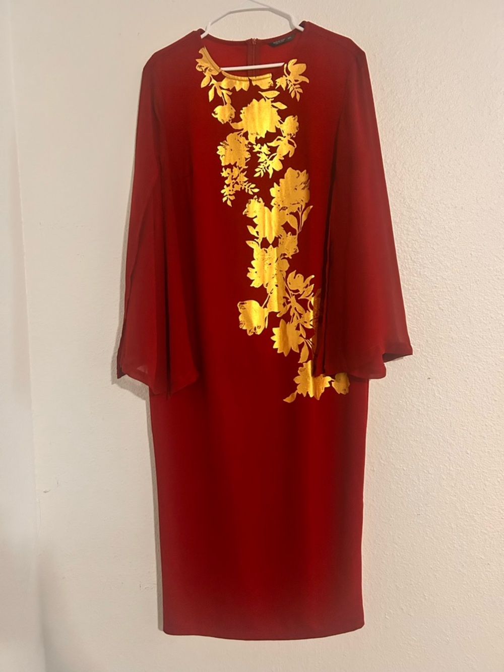 Elegant Red Dress with Gold Floral Detail